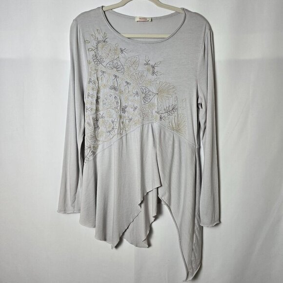 Sundance Gray Embroiderd Thin Long Sleeve Asymmetrical Shark Bite Blouse Top L - Picture 2 of 11